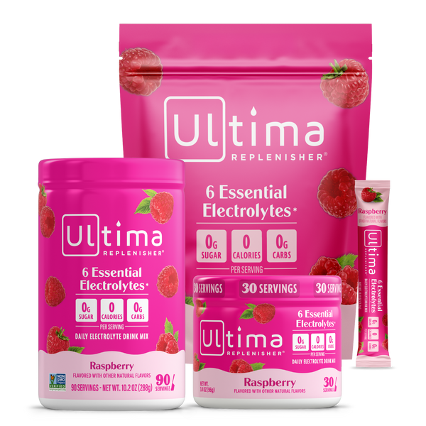 Ultima Replenisher raspberry-flavored electrolyte drink mix packaging on a white background