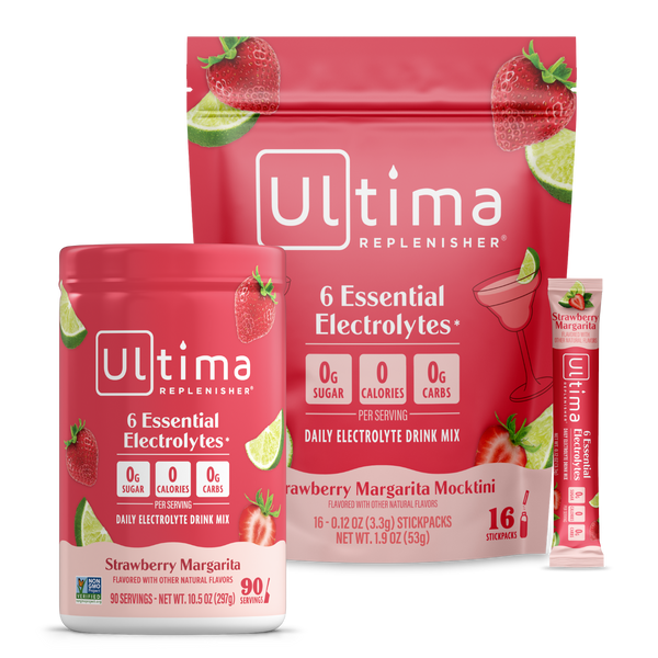 Ultima Replenisher Strawberry Margarita Mocktail drink mix packages on a white background