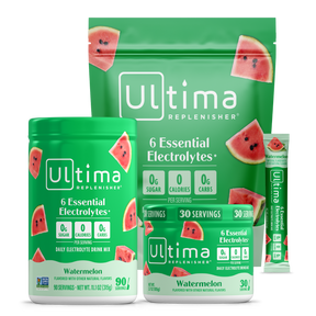 Ultima Replenisher electrolyte drink mix packages with watermelon flavor on a white background