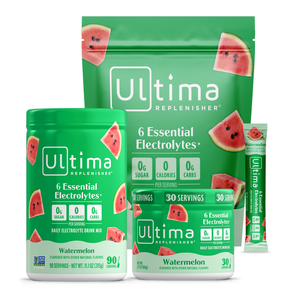 Ultima Replenisher electrolyte drink mix packages with watermelon flavor on a white background