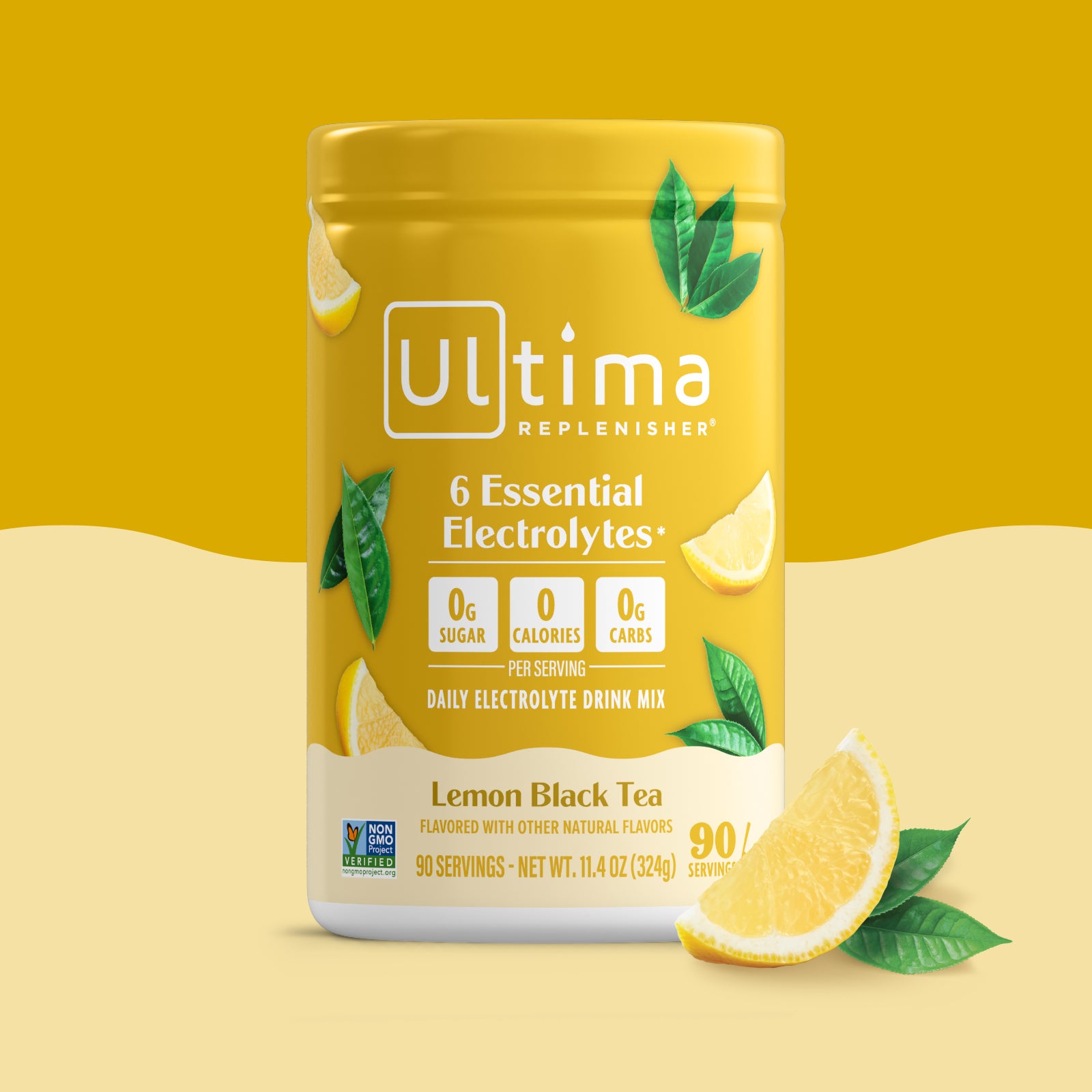 Ultima Replenisher Lemon Black Tea drink mix package on a yellow background