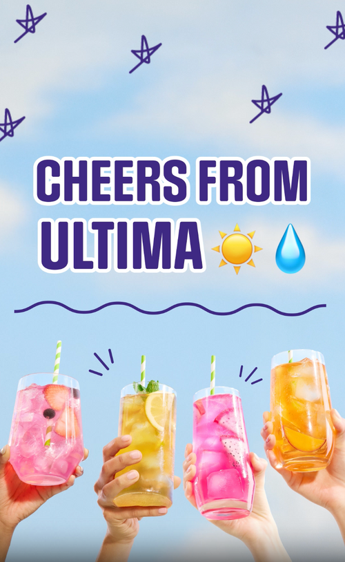 A celebratory graphic with the text 'CHEERS FROM ULTIMA' in large purple letters over a light blue sky background. Four hands hold up colorful drinks in glasses: pink fruit punch with berries and strawberry, yellow citrus drink with mint, bright pink iced beverage, and orange iced drink.