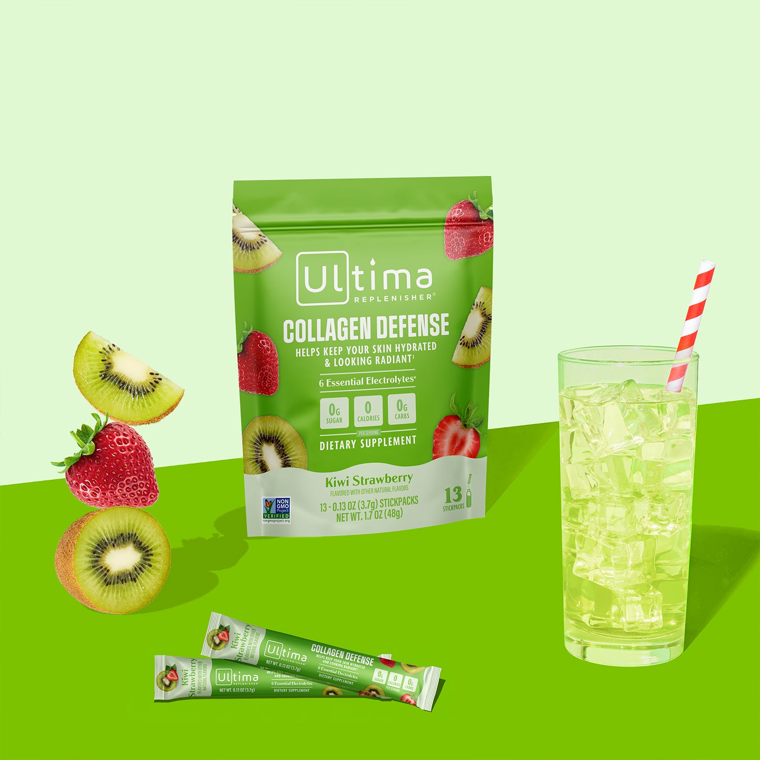 Ultima Replenisher Collagen Defense electrolyte hydration powder lifestlye images with pouch, fruit, drink and stickpacks