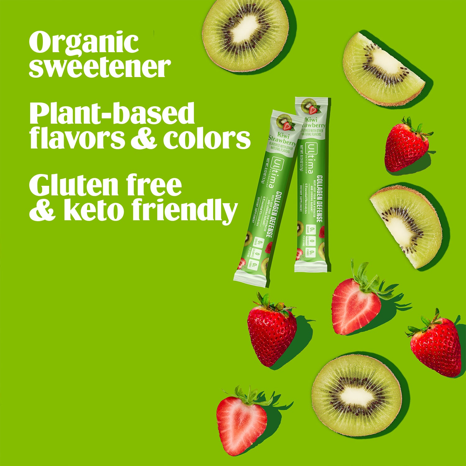 Ultima Replenisher Collagen Defense electrolyte hydration powder RTBs with fruit and stickpacks