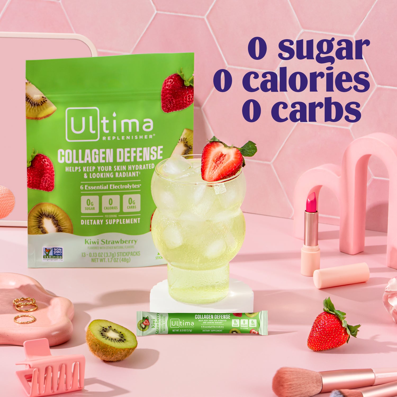 Ultima Replenisher Collagen Defense electrolyte hydration powder lifestyle with model, pouch, drink and 000
