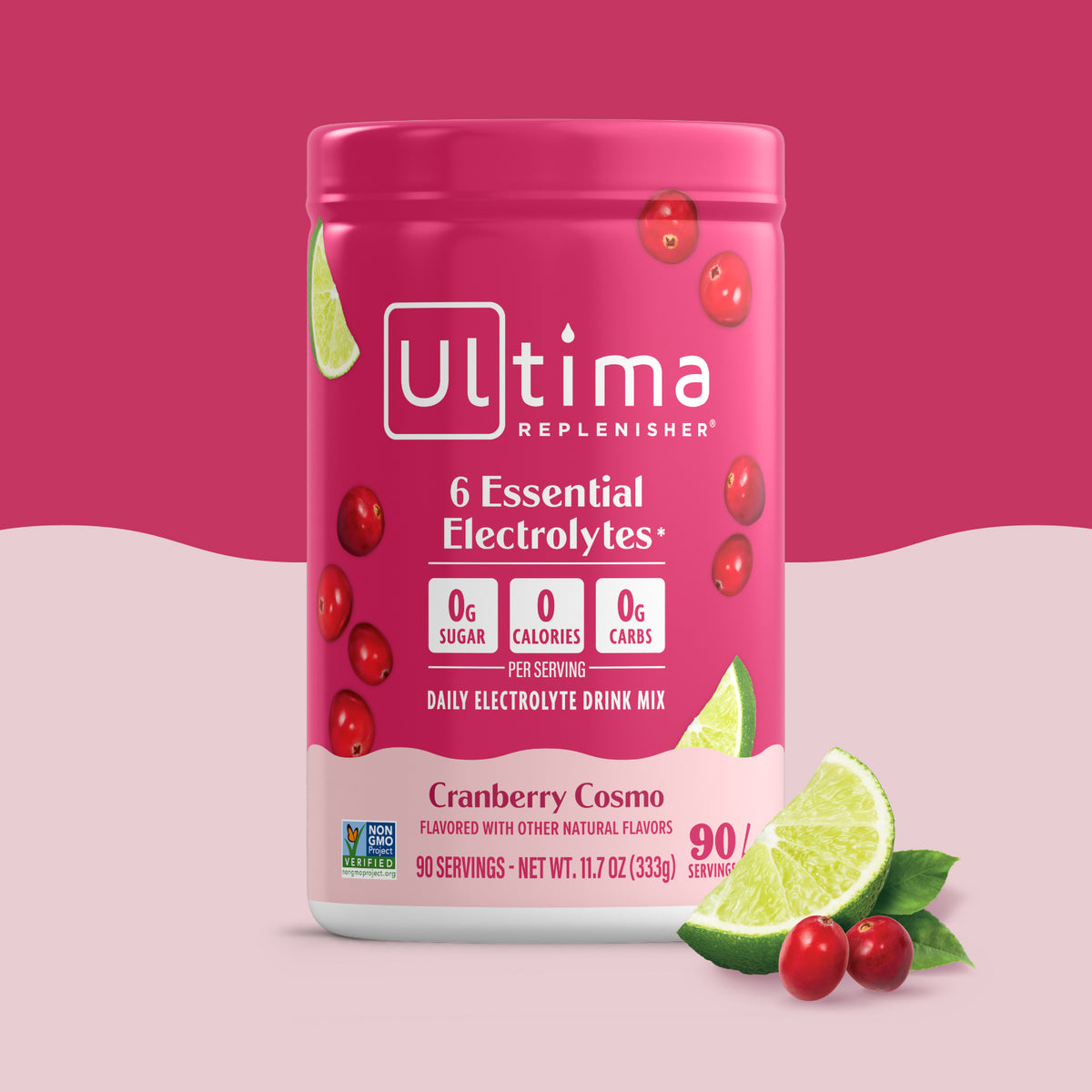 Pink container of Ultima Replenisher Cranberry Cosmo flavor on a pink background
