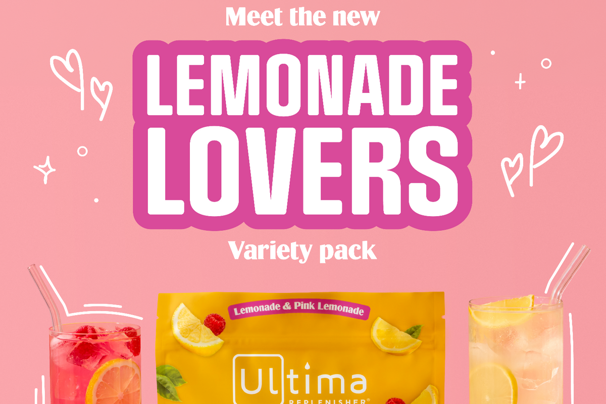 Ultima Refuelers Lemonade Essentials Variety Pack featuring a yellow bag of 6 Essential Electrolytes, a single stick pack, and two lemonade drinks on a pink and yellow background with promotional text.