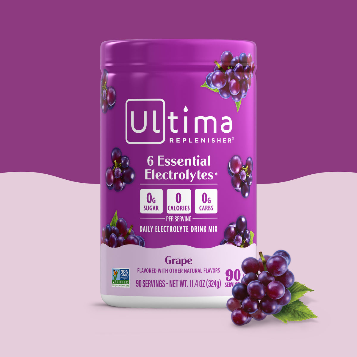Purple container of Ultima Replenisher grape flavor electrolyte drink mix on a purple background