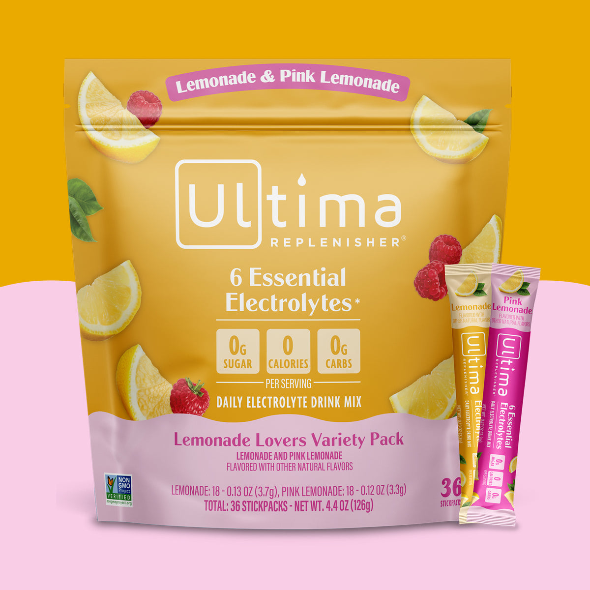 Ultima Replenisher Lemonade Lovers Variety Pack in a yellow resealable pouch with pink accents, shown alongside two single-serve stick packs on a split yellow and pink background.