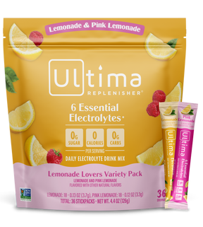 Ultima Replenisher Lemonade Lovers Variety Pack in a yellow stand-up pouch with pink accents, shown with two single-serve stick packs on a white background.
