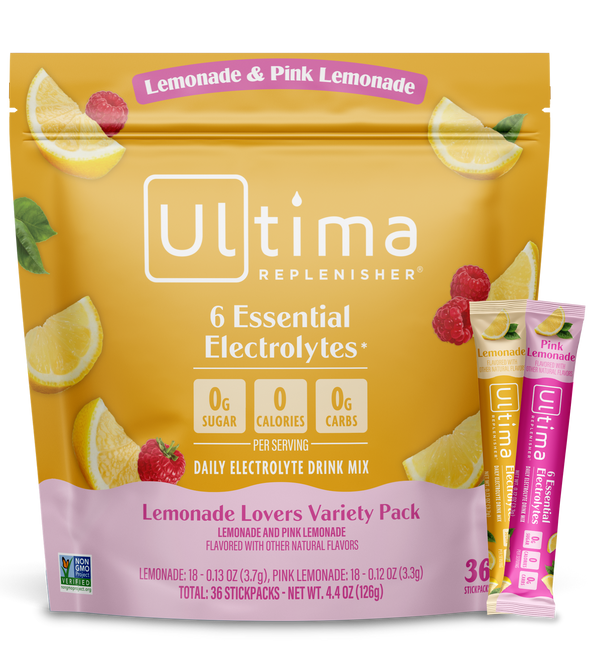 Ultima Replenisher Lemonade Lovers Variety Pack in a yellow stand-up pouch with pink accents, shown with two single-serve stick packs on a white background.