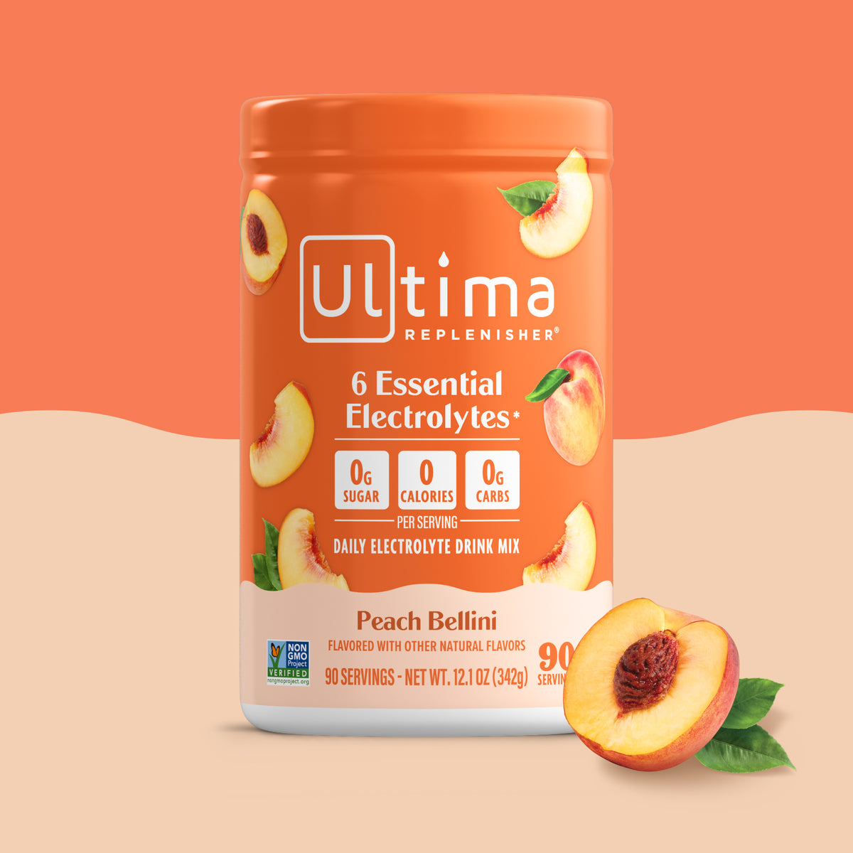 Ultima Replenisher Peach Bellini flavor drink mix container on an orange background