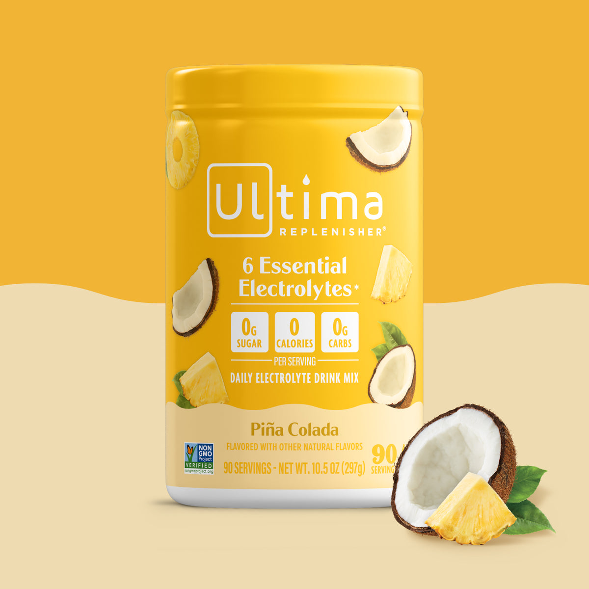 Ultima Replenisher Pina Colada drink mix container on a yellow and beige background