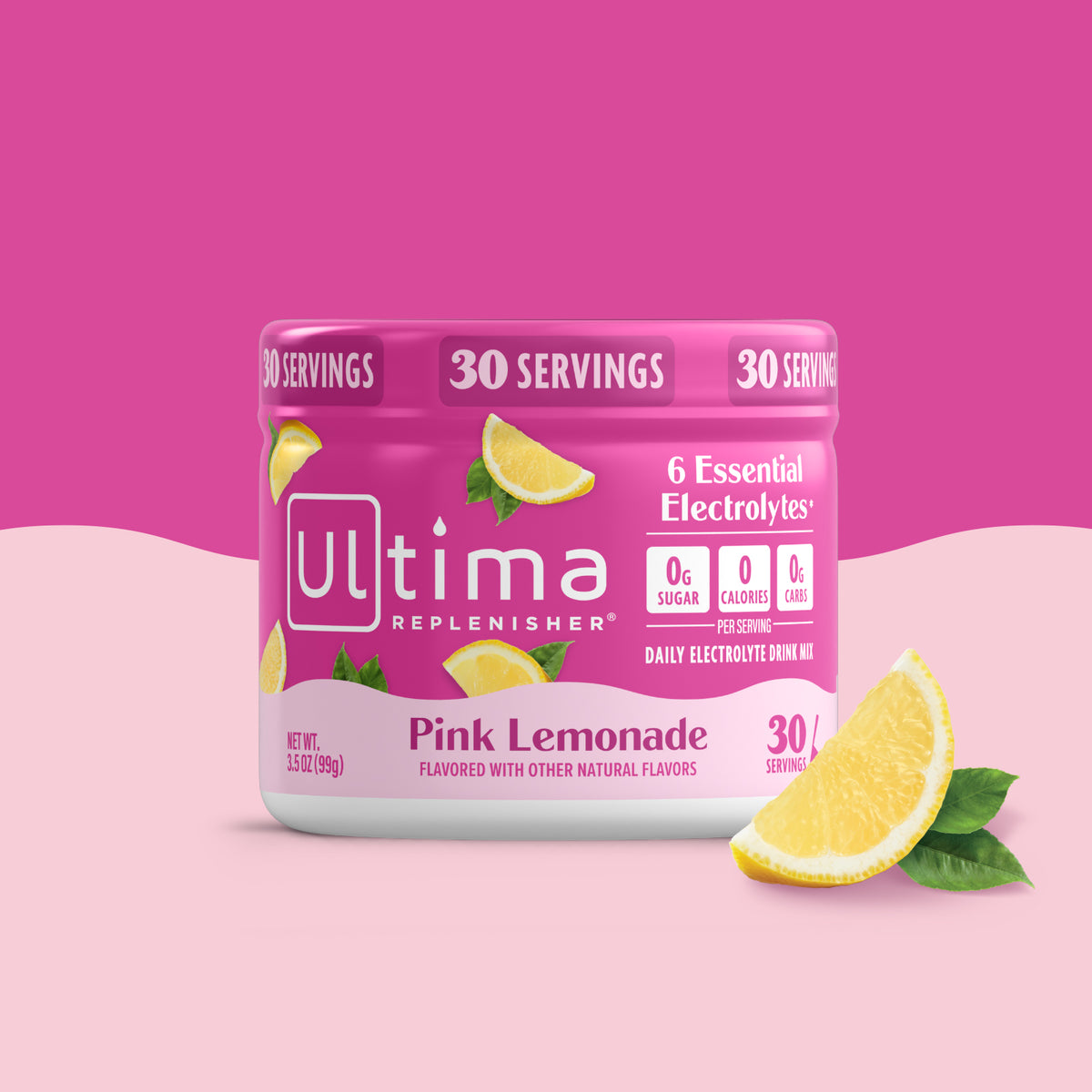Ultima Replenisher Pink Lemonade container on a pink background