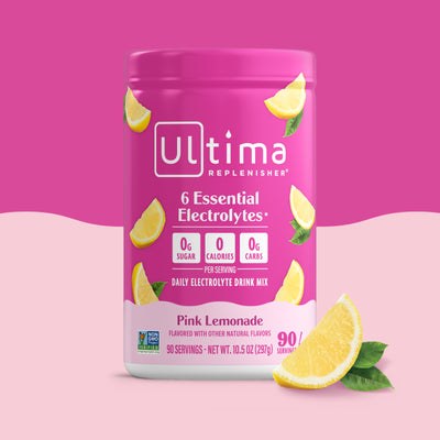 Pink lemonade flavor Ultima Replenisher container on a pink background