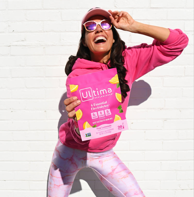 Ultima Pink Lemonade pounch with model