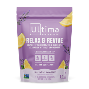 Ultima Replenisher Relax & Revive dietary supplement pouch in Lavender Lemonade flavor, featuring a purple package with lemon slices, lavender sprigs, and white text on a white background.