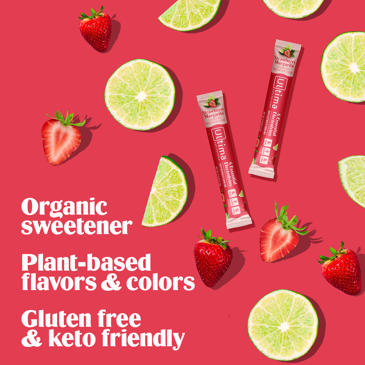 Two red packets of Ultima Organic Sweetener on a pink background with strawberries and lime slices. Organic sweetner. Plant-based flavors & colors. Gluten free & keto friendly.