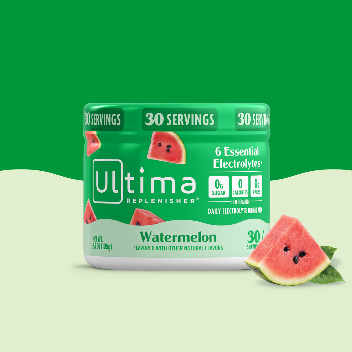 Ultima Replenisher watermelon flavor container with watermelon slices on a green background