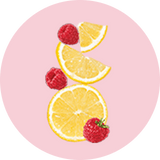 A circular graphic featuring slices of yellow lemon and whole red raspberries arranged vertically on a light pink background.