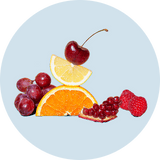 A circular graphic illustration of fresh fruits including a red cherry, orange slice, red grapes, raspberries, and a lemon wedge, arranged on a pale blue background.