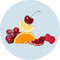 A circular graphic illustration of fresh fruits including a red cherry, orange slice, red grapes, raspberries, and a lemon wedge, arranged on a pale blue background.