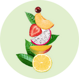 A stylized fruit arrangement on a pale green circular background, featuring green leaves, a red cranberry, a yellow-orange slice, a strawberry half, a dragon fruit slice, a mango slice, and a lemon half.