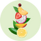 A stylized fruit arrangement on a pale green circular background, featuring green leaves, a red cranberry, a yellow-orange slice, a strawberry half, a dragon fruit slice, a mango slice, and a lemon half.