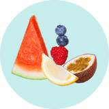 A circular graphic illustration of assorted fresh fruits on a pale blue background, including a slice of watermelon, a lemon wedge, a raspberry, blueberries, and a halved passion fruit.