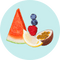 A circular graphic illustration of assorted fresh fruits on a pale blue background, including a slice of watermelon, a lemon wedge, a raspberry, blueberries, and a halved passion fruit.