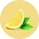 A circular graphic featuring a bright yellow lemon slice with two green leaves on a pale yellow background.