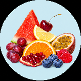A colorful assortment of fresh fruits arranged on a light blue circular background with a black outer border. The fruits include a slice of watermelon, a cherry, a lemon wedge, an orange slice with pomegranate seeds, a halved passion fruit, grapes, blueberries, and a raspberry.