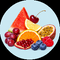 A colorful assortment of fresh fruits arranged on a light blue circular background with a black outer border. The fruits include a slice of watermelon, a cherry, a lemon wedge, an orange slice with pomegranate seeds, a halved passion fruit, grapes, blueberries, and a raspberry.